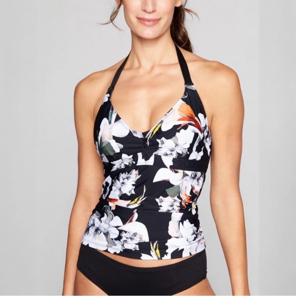 Athleta Floral Halter Tankini Top in Black with White and Orange Accents